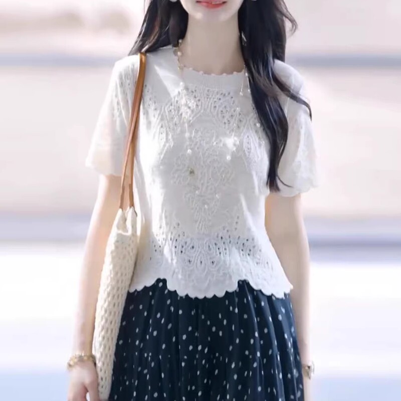 White Hollow Lace Round Neck Short-Sleeved Knit Top for Women 2026 Summer Plus Size Loose Pullover Thin Top White Hollow Lace Round Neck Short-Sleeved Knit Top for Women 2026 Summer Plus Size Loose Pullover Thin Top