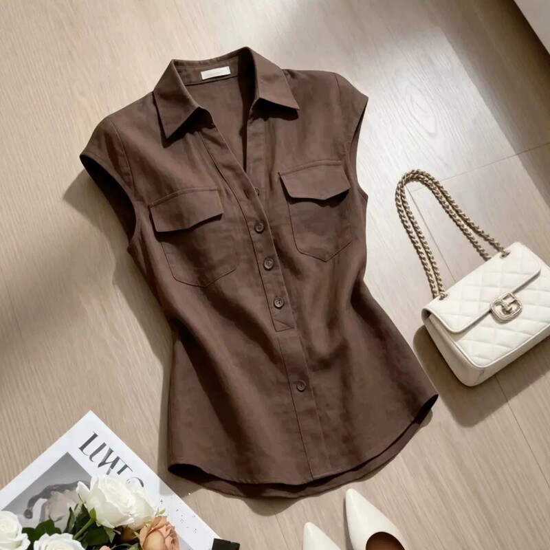 Vintage Brown Polo Collar Linen Sleeveless Shirt for Women, Summer Plus Size, Elegant and Versatile, Old Money Style Top