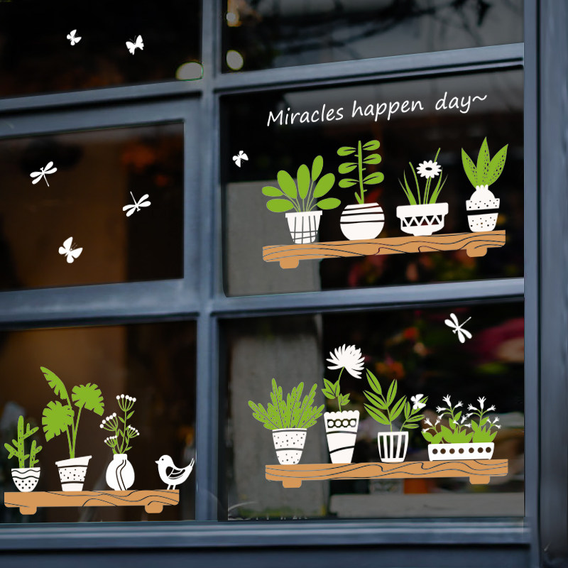 Shop Glass Door Balcony Dining Room Kitchen Moving Door Deco self-adhesive removable wall sticker Creative Green Planted Bonsai Applid