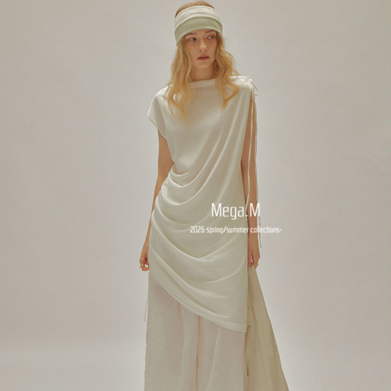 Mega.M Margemeng Off-Shoulder Design Dress with Pleated Drawstring, Vacation Style, Off-Shoulder Dress, Summer Loose and Lazy Style
