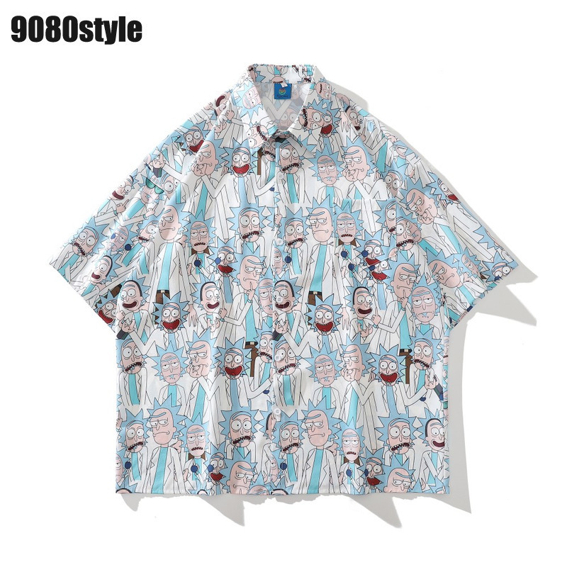 Rickandmorty Rick and Morty Pattern Printed Short-Sleeved Shirts for Men and Women, American Casual Beach Shirts