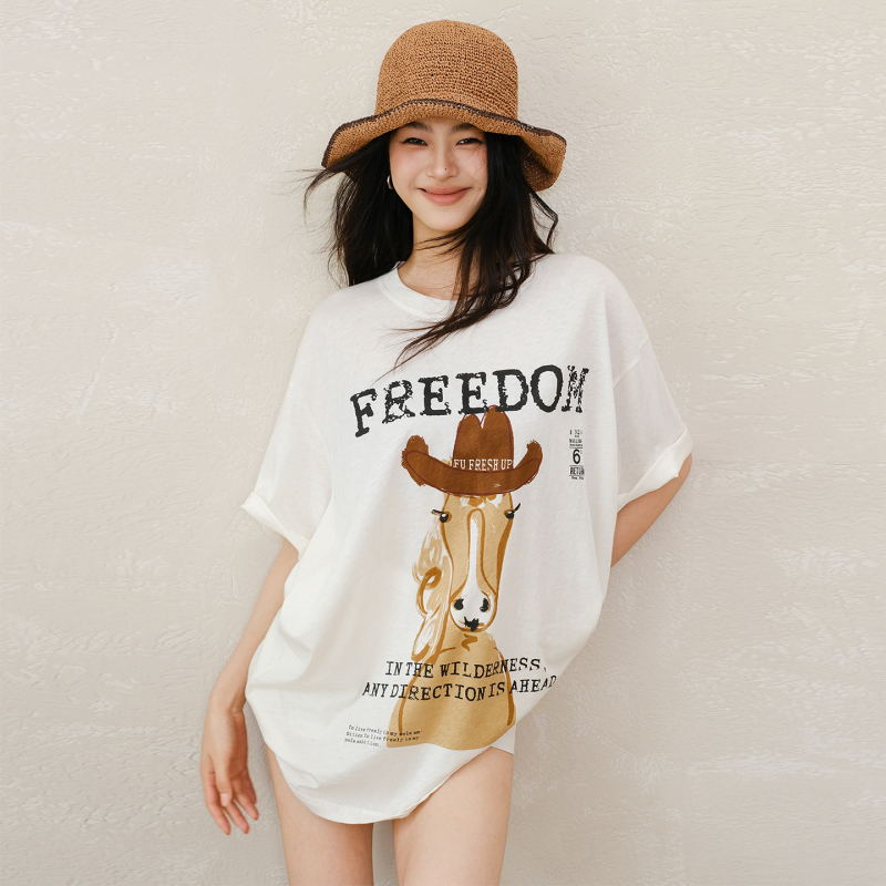 Fresh up Lyocell Tencel Original Western Pony Hand-Painted Print Short-Sleeved T-Shirt for Women, Lazy and Loose Top Fresh up Lyocell Tencel Original Western Pony Hand-Painted Print Short-Sleeved T-Shirt for Women, Lazy and Loose Top