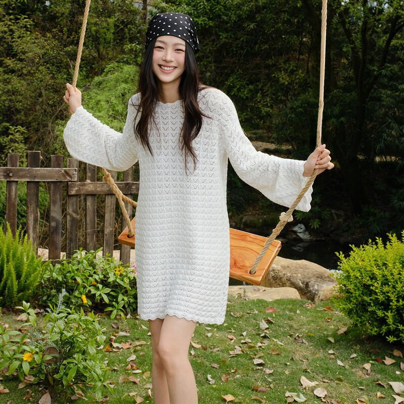 Fresh up French Resort Style Pure Cotton Hollow-Out Three-Dimensional Crochet Flared Sleeve Knitted Long-Sleeve A-Line Dress for Women Fresh up French Resort Style Pure Cotton Hollow-Out Three-Dimensional Crochet Flared Sleeve Knitted Long-Sleeve A-Line Dress for Women
