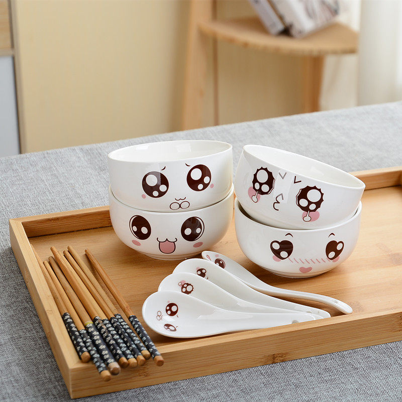 2 and 4 Costume Cute Expression Rice Bowls Creative Ceramics 4 5 Inch Home Bowl Suit Cartoon Square Soup Bowl-Taobao