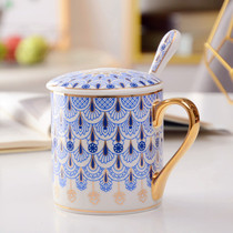 Creative Infinn Ceramic Lovers Mark Cup Water Cup Nordic Panes Lower Afternoon Tea Light Lavish Cup Coffee Cup With Lid Spoon