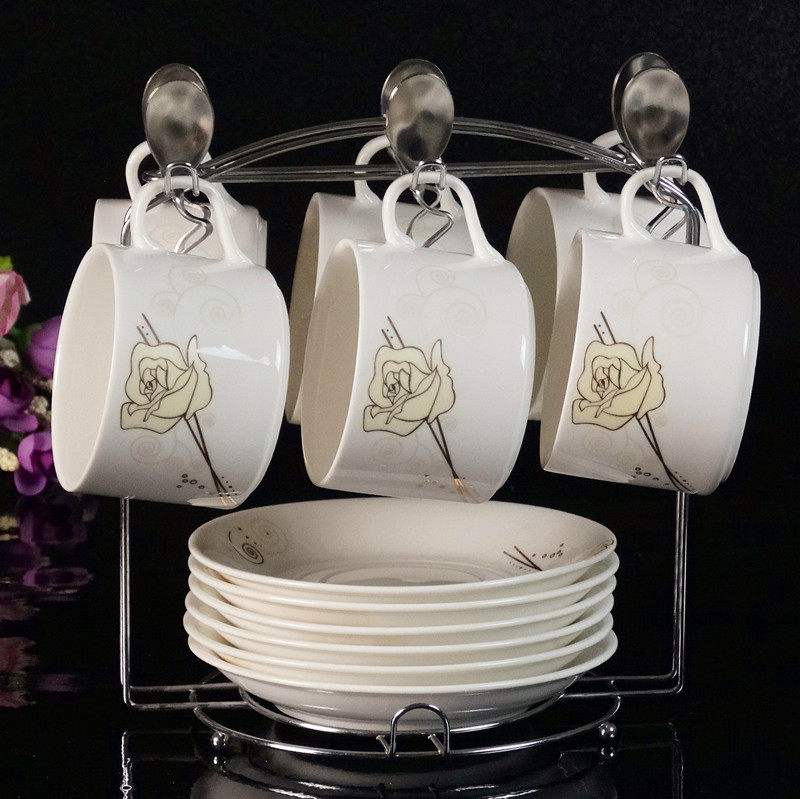 European-style ceramic coffee cup set, gold and silver cup and saucer creative 6-piece set, bone china coffee cup with saucer and spoon shelf
