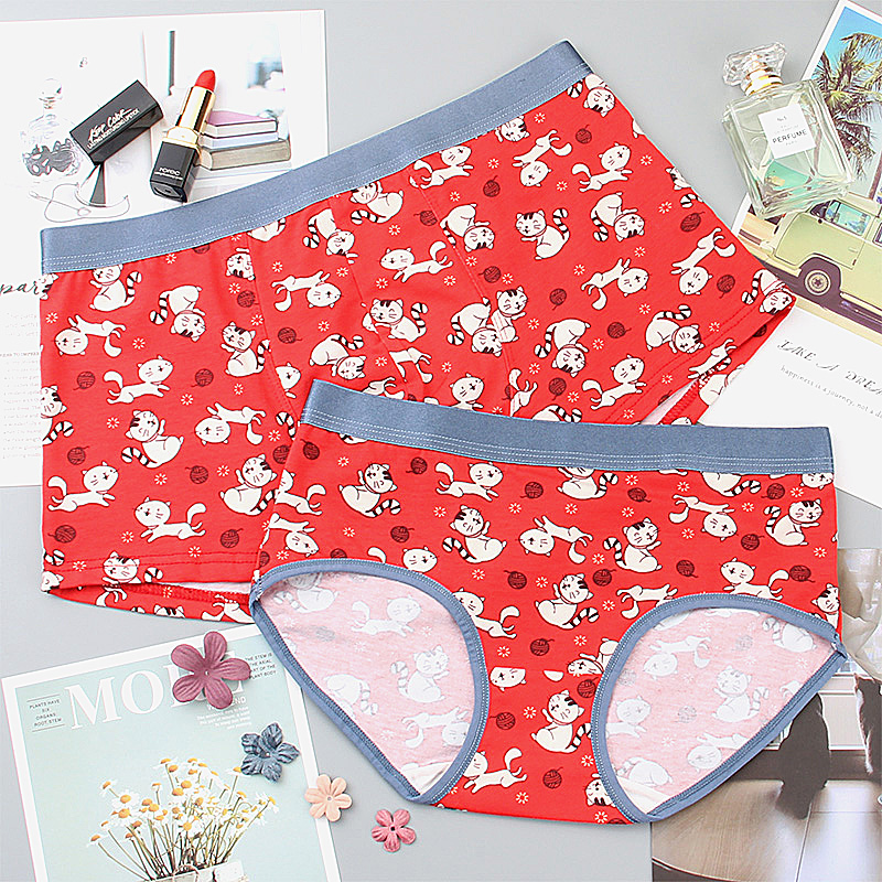 Couple panties red pure cotton cartoon lucky Cat this year of life married men and women lovers 2 gift boxed shorts