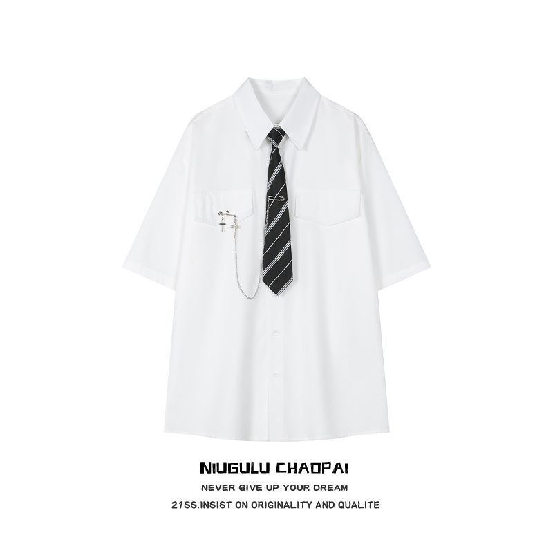 Niugulu.25Ss Trendy Brand Fashion Popular Unisex Solid Color Cross Chain Decoration Loose Short-Sleeve Shirt