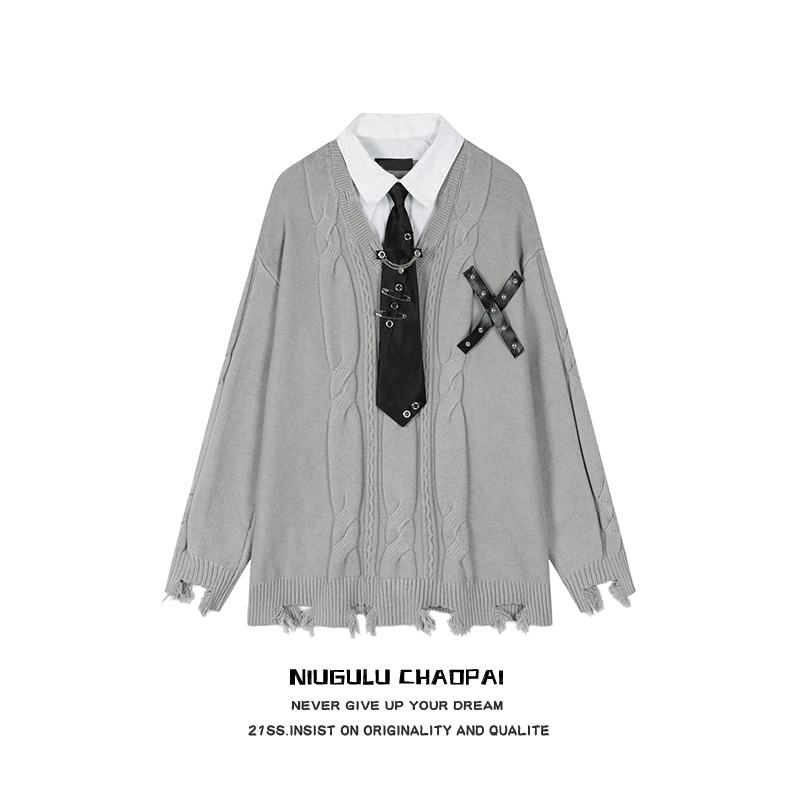 Niugulu.25Ss Trendy Brand Fashion Versatile Unisex Fake Two-Piece Patchwork Loose Knit Sweater