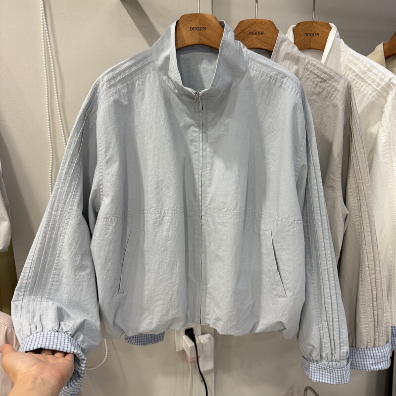 2026 New Stand-Up Collar Zipper Short Jacket for Women, Spring New Plaid Patchwork Cuff Age-Reducing Jacket Top Trendy