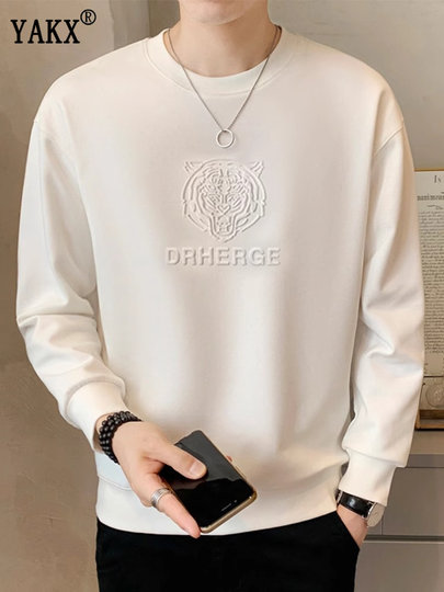 高端钢印卫衣男士2025春秋季新款圆领宽松长袖打底衫男款秋冬加绒