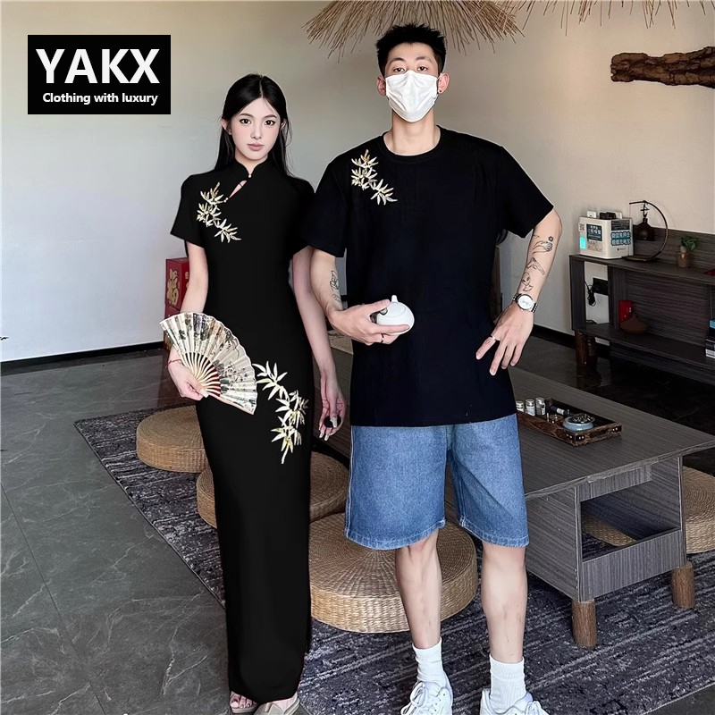 New Chinese-Style Couple Outfits Short-Sleeve T-Shirts for Men 2026 New Summer National Style Cheongsam Dress for Women Engagement Toast