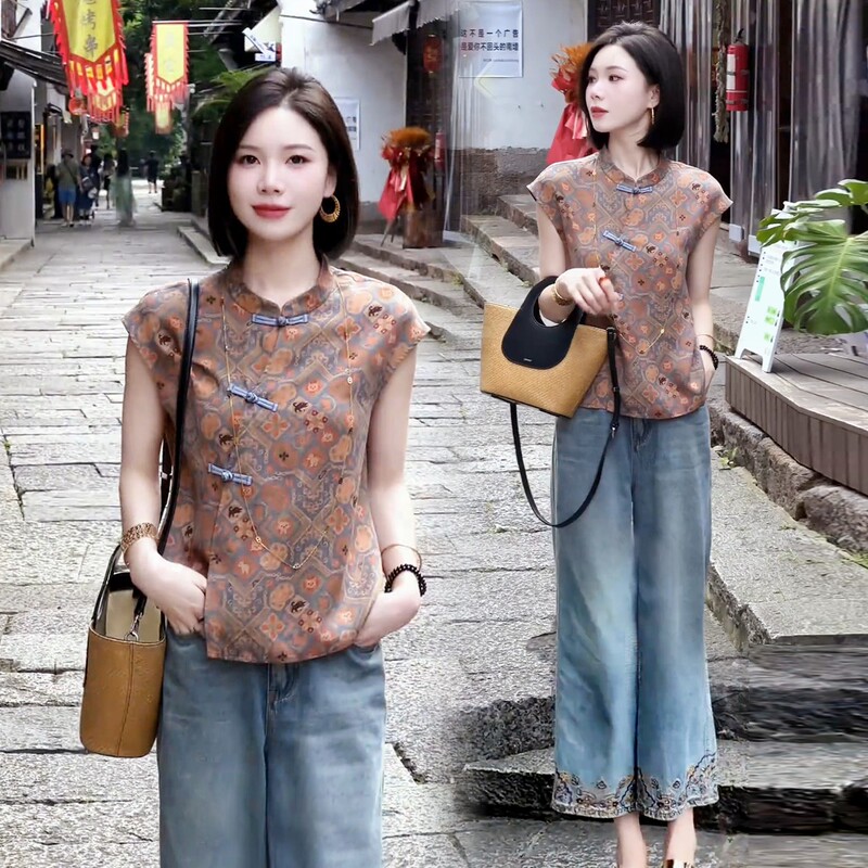 Jasmine Haute Couture New Chinese Style National Style Shirt for Women 2026 Summer New Fashion Buttoned Printed Short Sleeve Stand Collar Top Jasmine Haute Couture New Chinese Style National Style Shirt for Women 2026 Summer New Fashion Buttoned Printed Short Sleeve Stand Collar Top