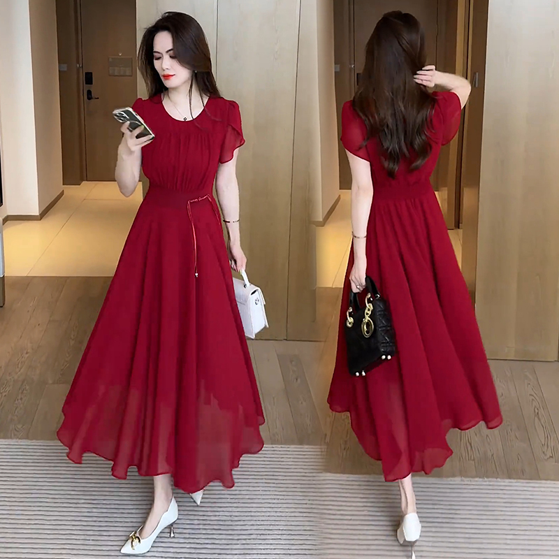 Jasmine High-End Fashion Chiffon Dress for Women 2025 Summer New Style Tummy-Covering Chinese Style Over-The-Knee Long Dress