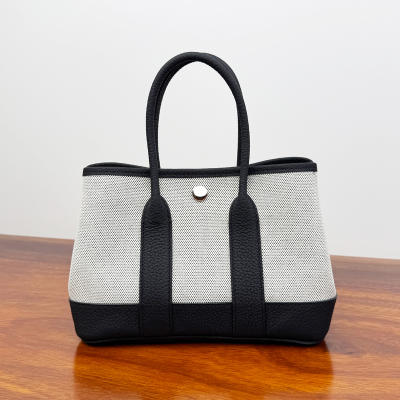 Ymo Handmade Waxed Thread丨Panda-Colored Cowhide and Canvas Mini Garden Bag 23cm Mini Tote Women's Bag