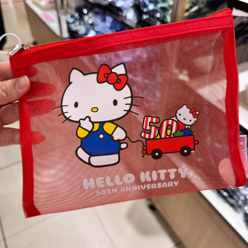 Japanese Hello Kitty 50Th Anniversary Limited Edition Mesh Bag Cute Cartoon Cosmetic Bag Transparent Stationery Storage Bag