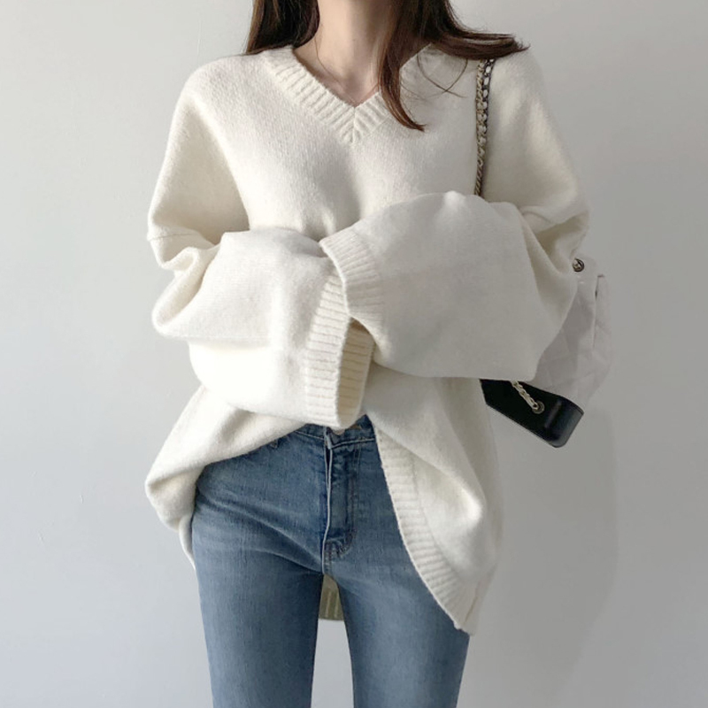 V-Neck Pullover Loose White Knit Sweater Autumn and Winter Korean Lazy Style Outerwear Black Sweater for Women 2025 Trendy
