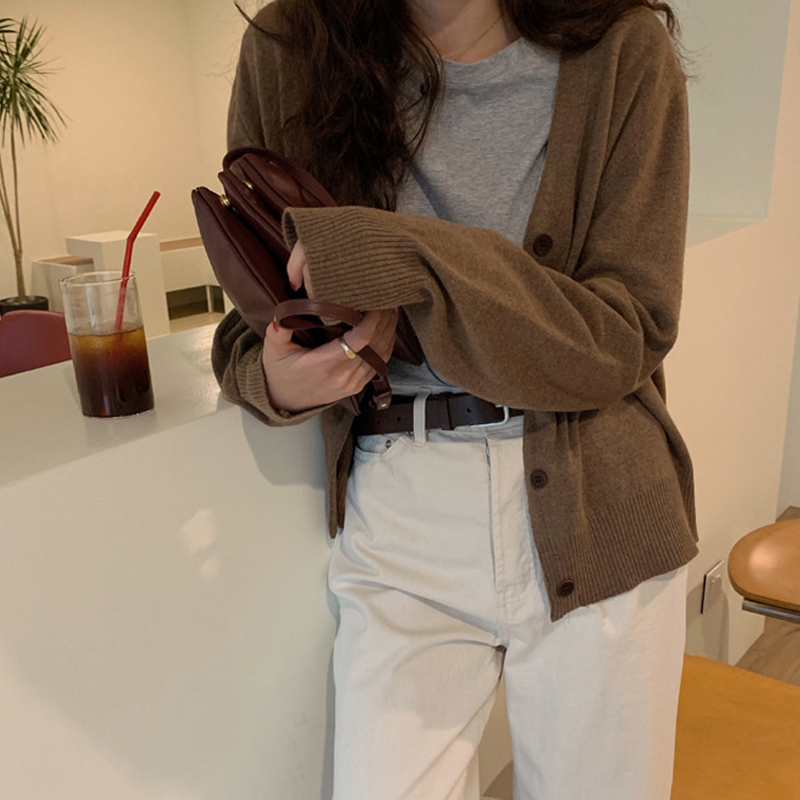 Retro Spring & Fall Korean New Style Lazy Style Versatile Loose Brown Soft Waxy Knitted Cardigan Sweater Jacket for Women Retro Spring & Fall Korean New Style Lazy Style Versatile Loose Brown Soft Waxy Knitted Cardigan Sweater Jacket for Women