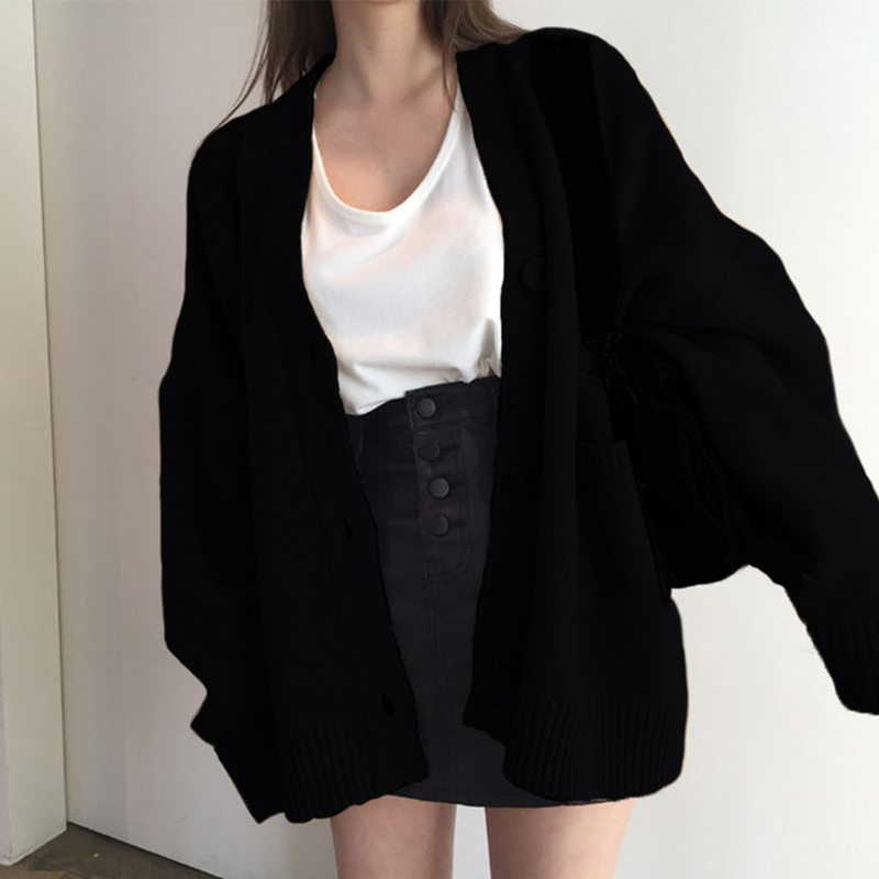2025 Spring and Autumn Korean New Style Chic Knitted Cardigan Loose and Casual Black Single-Breasted Sweater Outerwear for Women