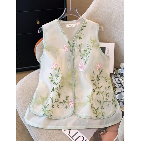 新中式国风刺绣马甲女夏季薄款欧货宽松外穿别致马夹无袖坎肩上衣