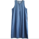 Джинсовое летнее тонкое платье-комбинация для отдыха, базовая длинная юбка без рукавов, размер, оверсайз, средней длины