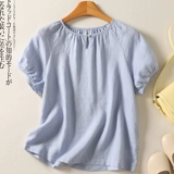 Японская летняя тонкая футболка с коротким рукавом, из хлопка и льна