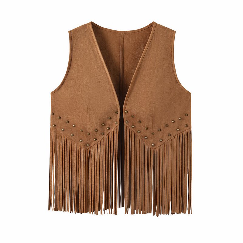 American-Style Western Cowboy Outfit with Rivet Tassel Vest Jacket for Women, Suede Summer Sleeveless V-Neck Vest Cardigan