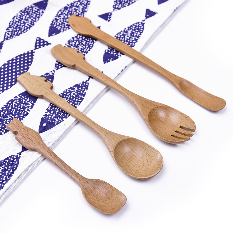 Creative wooden spoon Japanese environmental protection Beech children's cartoon wooden spoon Household spoon fork one-piece wooden tableware mixing spoon