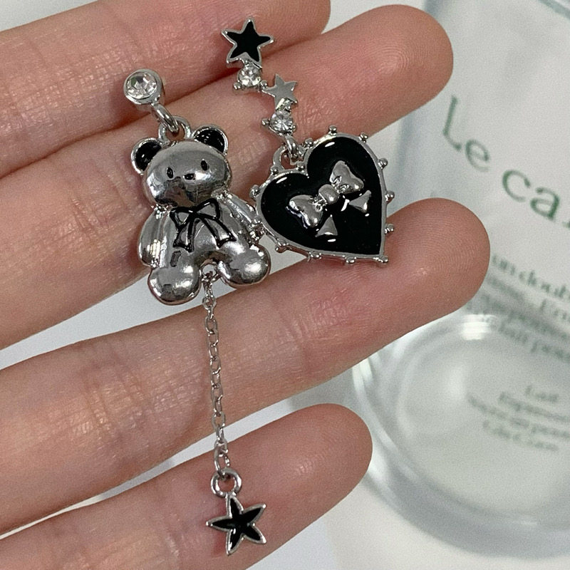 Bear star pendant love bow diamond ear pin triangle ear clip long version asymmetric cute sweet cool student