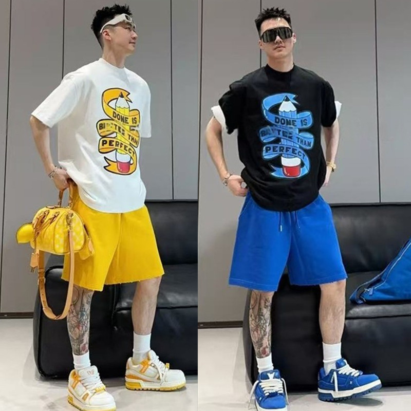 Summer New Men's Trendy Brand Fashion Printed Casual Suit Dopamine Unisex Short-Sleeved Shorts Two-Piece Set