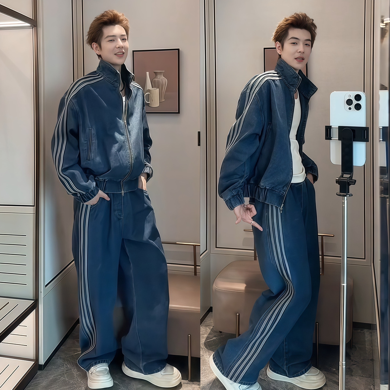 Spring and Autumn Men's Trendy Brand Fashion Three-Stripe Heavy Thickened Washed Denim Suit Jacket and Long Pants Two-Piece Set Spring and Autumn Men's Trendy Brand Fashion Three-Stripe Heavy Thickened Washed Denim Suit Jacket and Long Pants Two-Piece Set