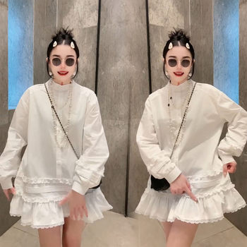 Korean new style casual white stand collar shirt skirt for women