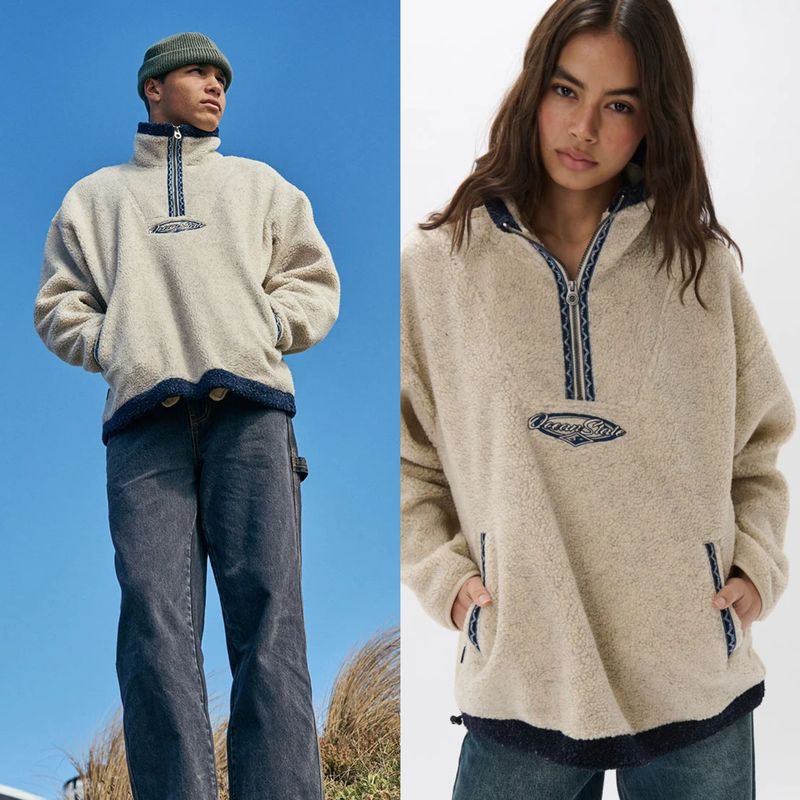 Australian Gh*Nda Men's and Women's Autumn and Winter Retro Warm Patchwork Half-Zip Stand Collar Loose Sherpa Fur Coat Australian Gh*Nda Men's and Women's Autumn and Winter Retro Warm Patchwork Half-Zip Stand Collar Loose Sherpa Fur Coat