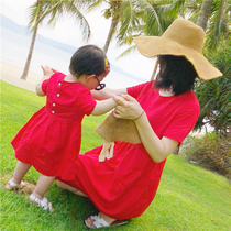 Parent-child summer dress 2021 seaside vacation mother and daughter beach dress Red literary cotton and linen dress girls skirt