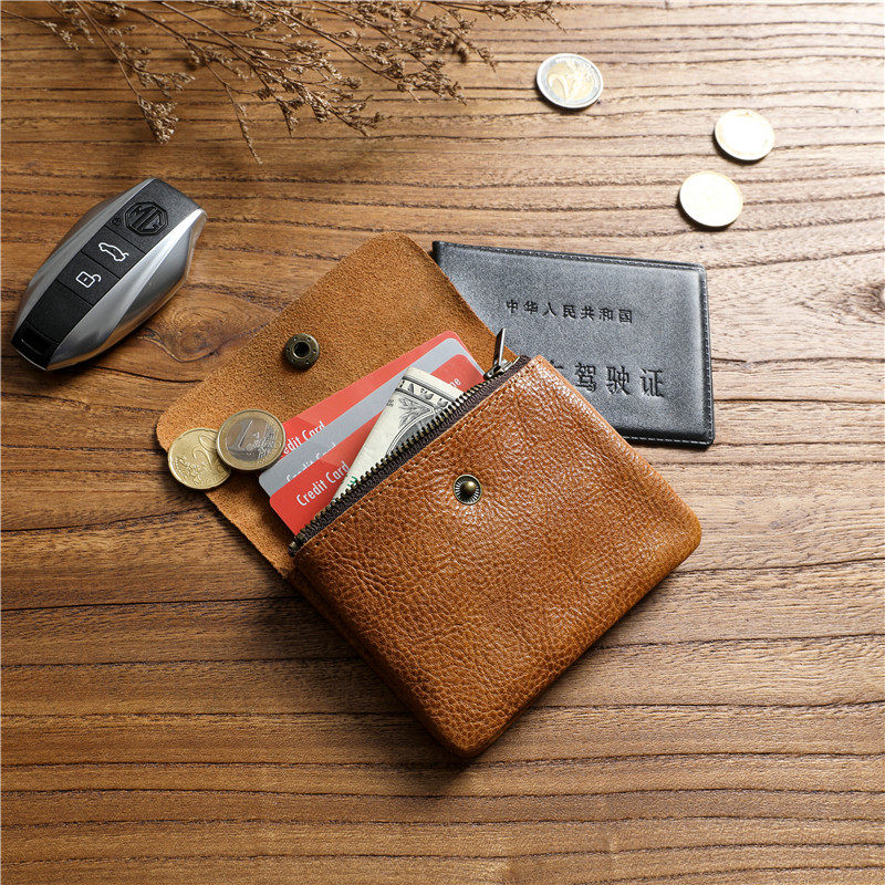 Men's Vegetable Tanned Head Layer Cow Leather Short Wallet Lady Genuine Leather Casual Money Clip Brief Youth Student Zero Wallet Tide-Taobao