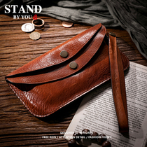 Head layer cowhide mens high-grade hand bag vintage tanned leather leather multi-function large capacity wrist bag 1
