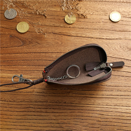 Simple genuine leather zipper car key bag men's waist hanging Crazy Horse first layer cowhide large capacity multi-functional key bag