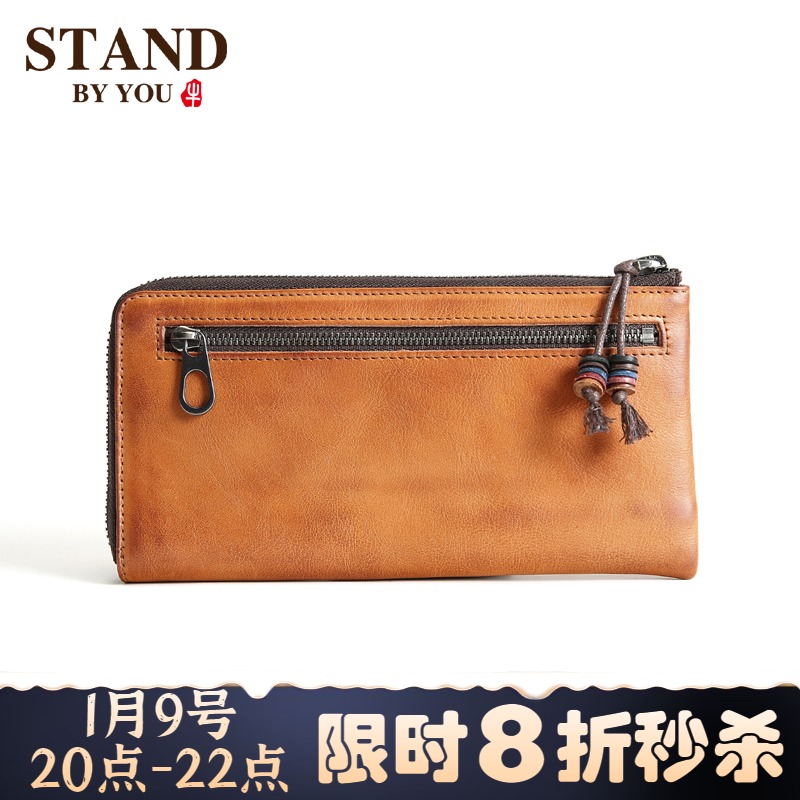 Original handmade vintage men's leather long wallet cowhide handbag youth zipper wallet soft wallet women's bag