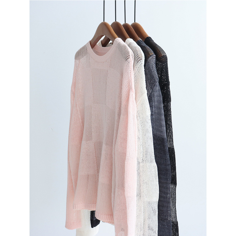 Checkerboard Hollow-Out Imported Japanese Paper Yarn Sun-Protective Hollow-Out Knitwear Spring/Summer Thin Round-Neck Pullover Casual Top