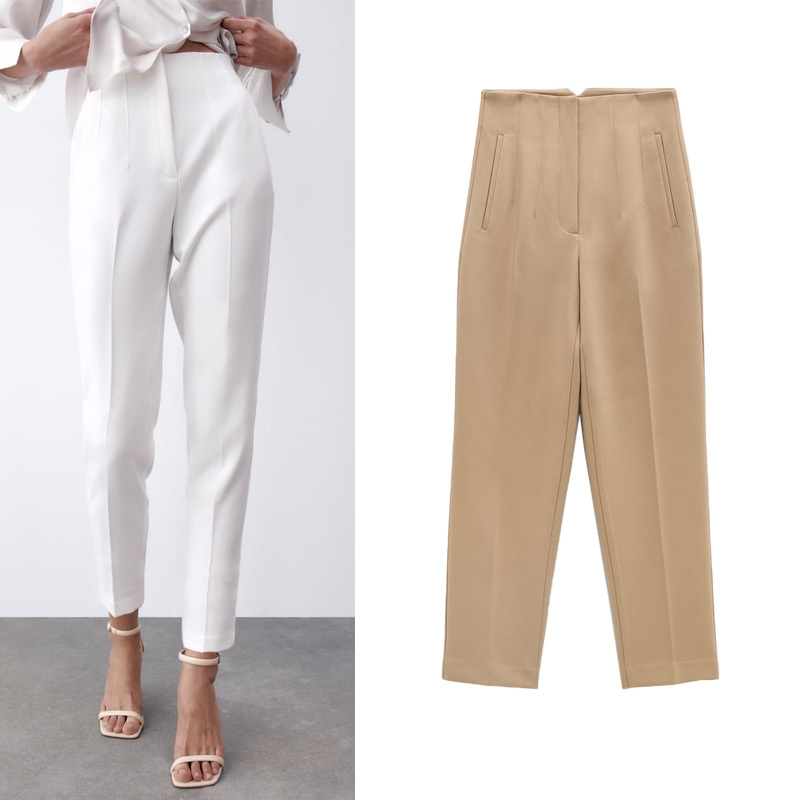 Women's Autumn Workwear Casual Pleated Front Slimming Ankle-Length High-Waisted Pants 7901432 2162888