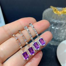 Серьги 正品保真s925银镶嵌天然方形紫水晶耳钉魅力耳环养耳优雅气质耳饰