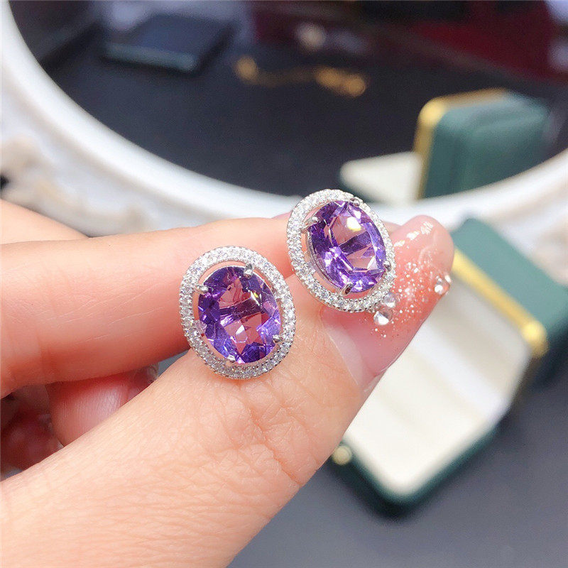 Серьги 经典天然紫水晶耳钉女款925纯银耳环百搭优雅耳饰生日礼物带证书