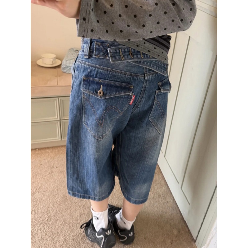 American Retro Paris Buckle Design Denim Shorts for Women, Summer Washed Five-Point Pants, Straight Mid-Length Pants, Wide-Leg Cropped Pants