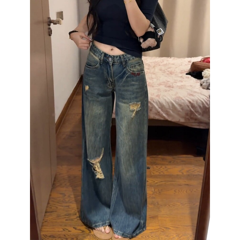 Tall Women's High-Waisted Ripped Wide-Leg Jeans 2026 Summer New Style Loose Slimming Versatile Floor-Length Pants Tall Women's High-Waisted Ripped Wide-Leg Jeans 2026 Summer New Style Loose Slimming Versatile Floor-Length Pants