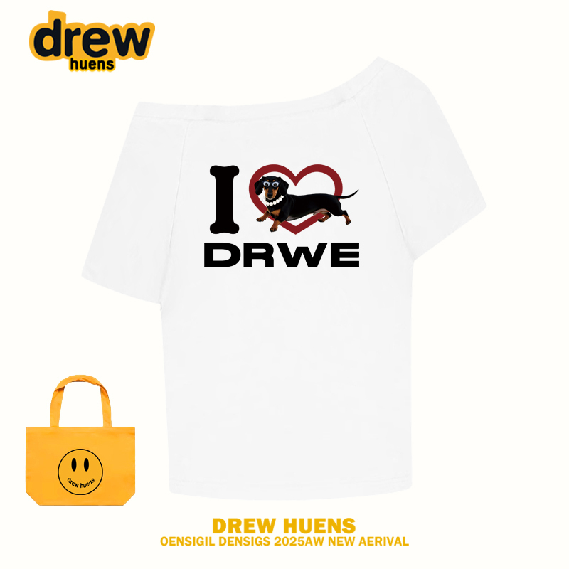 Drew Huens American Dachshund Print Off-Shoulder Short-Sleeve T-Shirt for Men and Women, Fun and Versatile Couple's Top