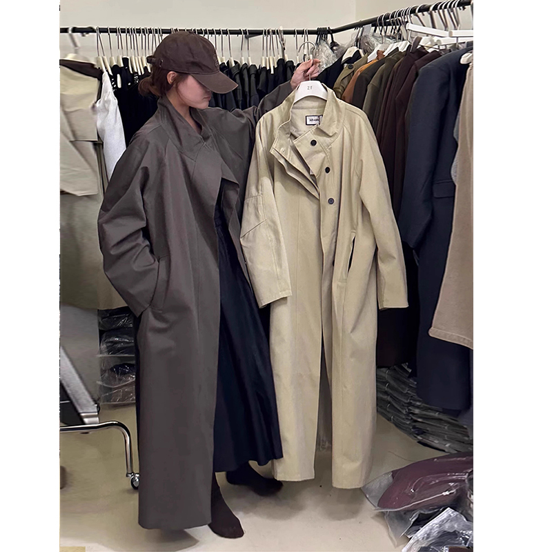 Korean Spring and Autumn Style, Long and Loose Trench Coat with a Belted Waist and Stand-Up Collar, British Lazy Style, Women's Coat Korean Spring and Autumn Style, Long and Loose Trench Coat with a Belted Waist and Stand-Up Collar, British Lazy Style, Women's Coat