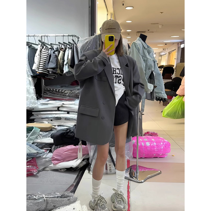 European Style Loose Mid-Length Design Casual Oversized Silhouette with Large Shoulder Pads Blazer Jacket for Women Spring and Autumn