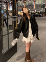 2024 springtime casual loose American retro small sublocomotive clothes jacket blouse blouse black pu leather coat woman