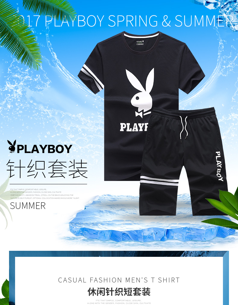 Playboy mùa hè mới của nam giới xu hướng Hàn Quốc mỏng hai mảnh nam ngắn tay áo đan thể thao giản dị thiết lập