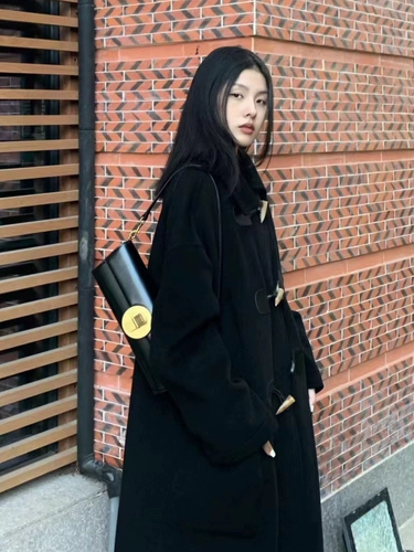 Длинное черное шерстяное пальто, куртка, коллекция 2023, средней длины, подходит для подростков, увеличенная толщина